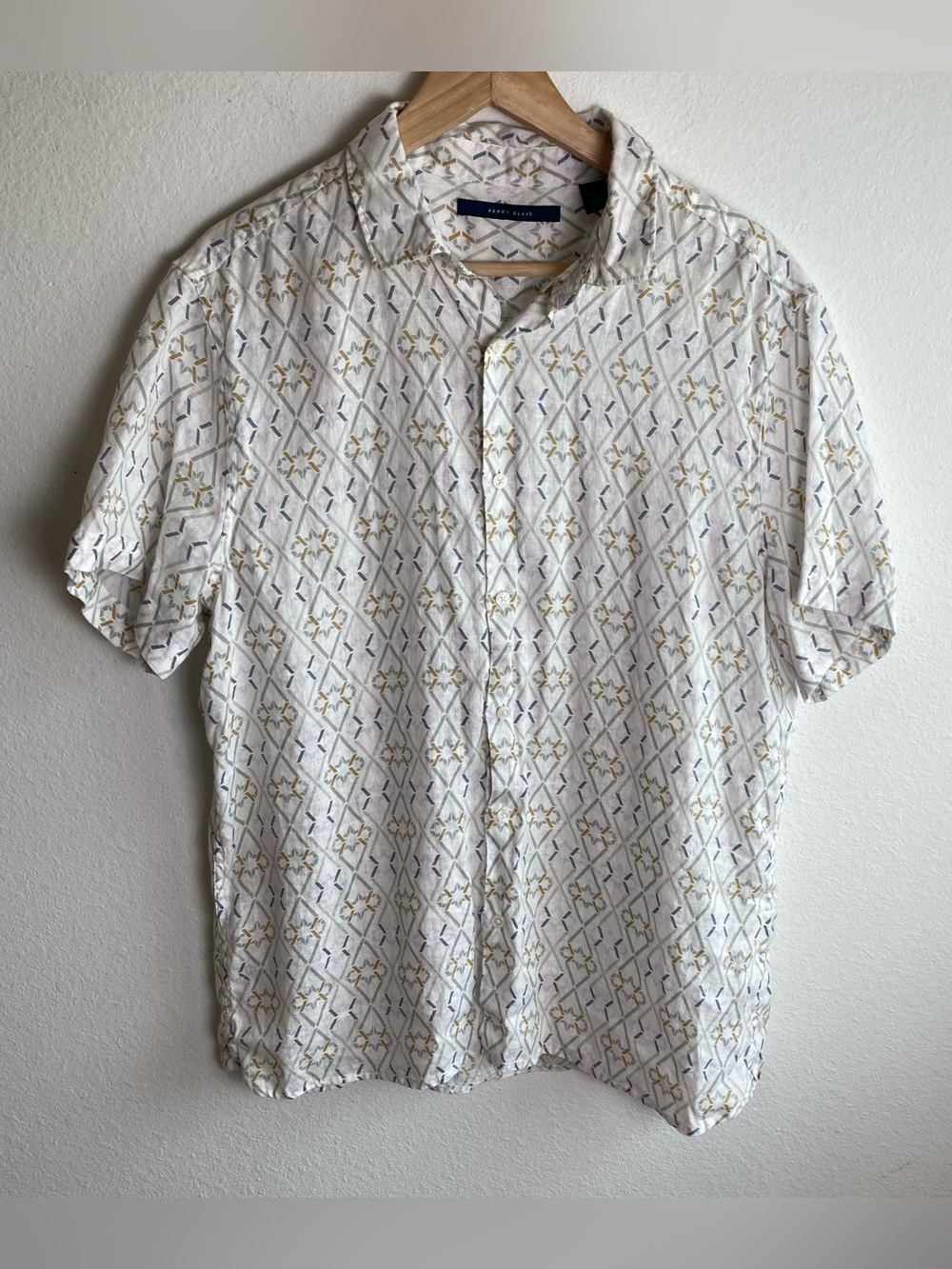 Perry Ellis Shirt Mens Large White Pattern Linen Short Sleeve Button Up Casual